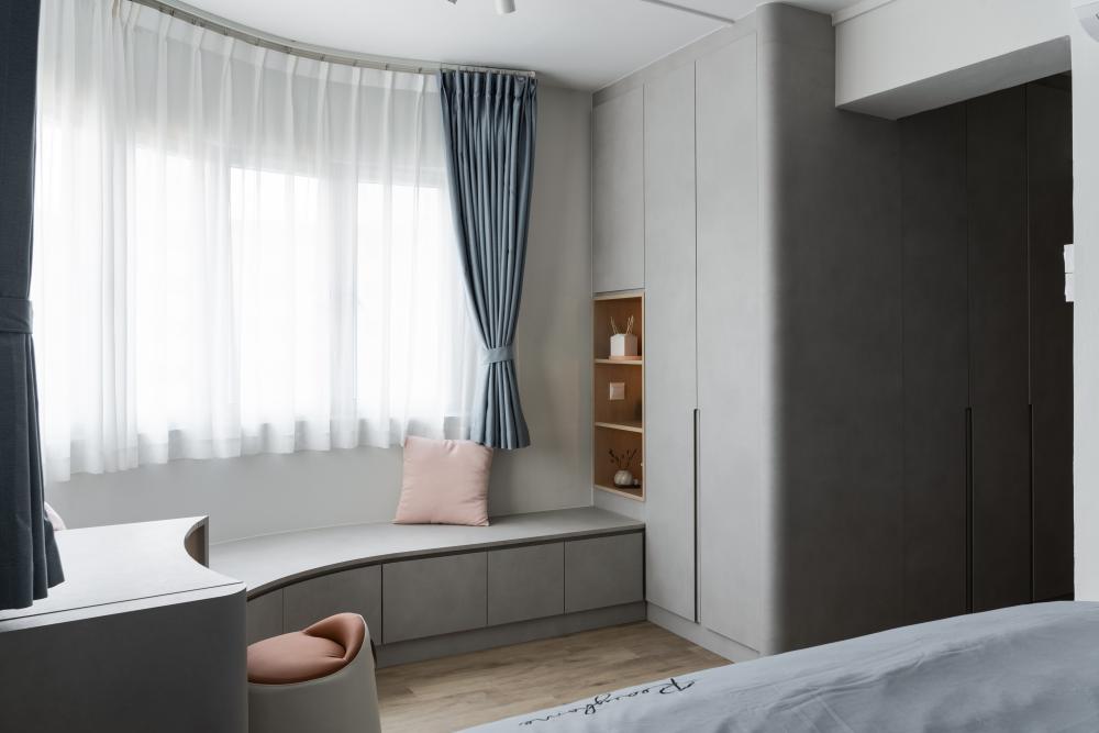 Contemporary Bedroom with Vinyl Flooring and Herringbone Tiling
