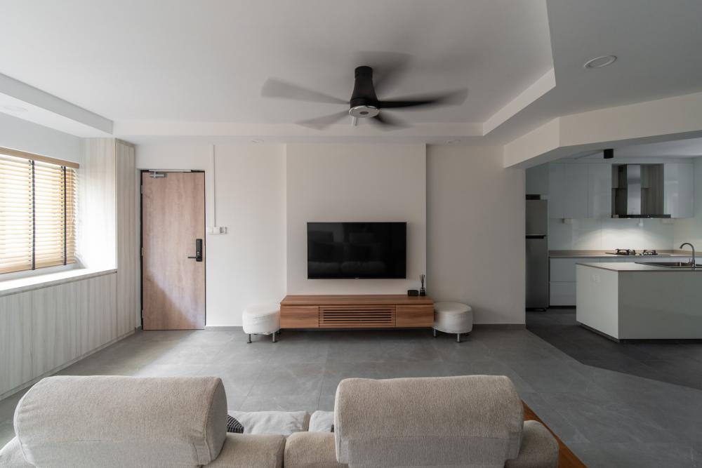 Scandinavian Living Room with Homogeneous Tiles and TV Console