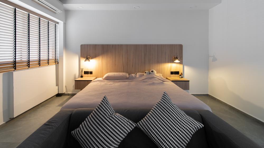 Scandinavian Bedroom with Built-in Bed and Bedside Table