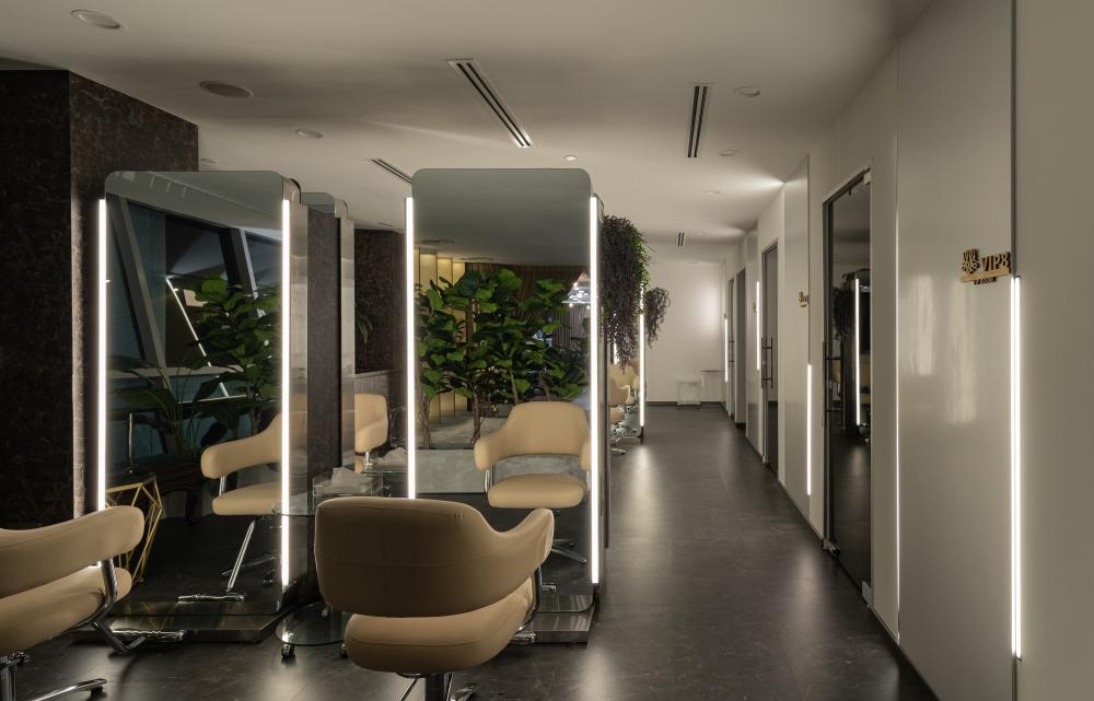 Modern Workstation with Mirror and Armchairs