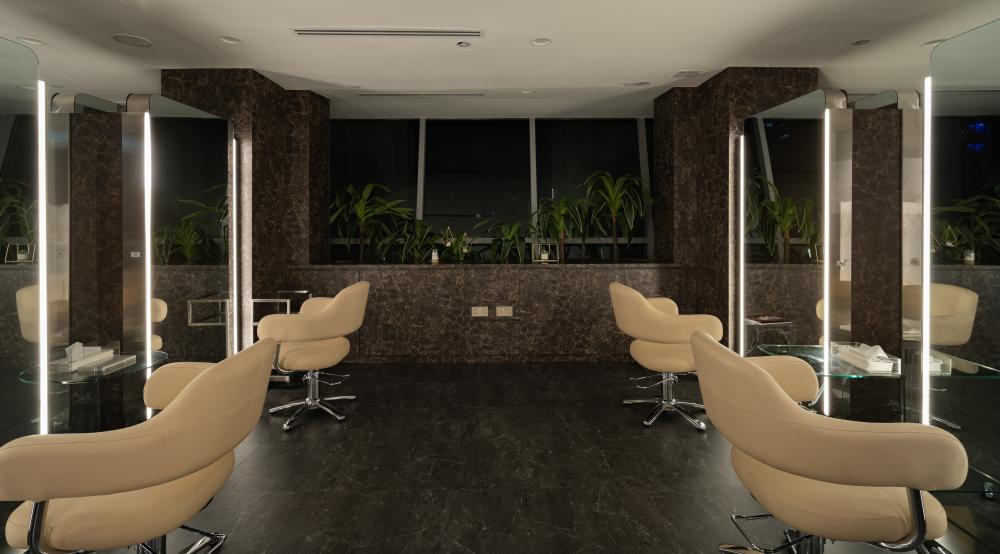 Modern Workstation with Mirror and Armchairs