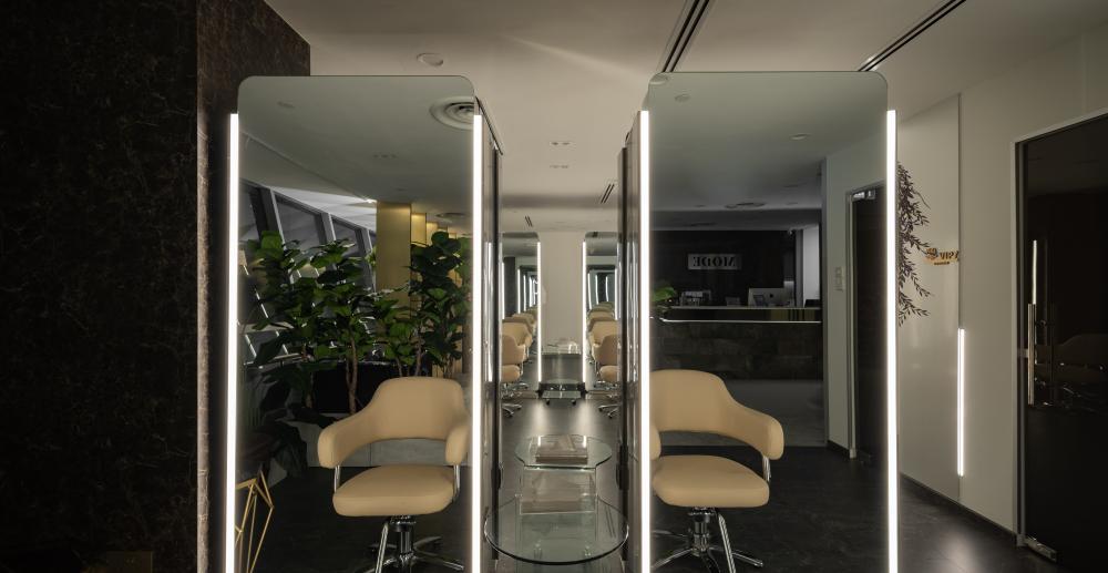 Modern Workstation with Mirror and Armchairs