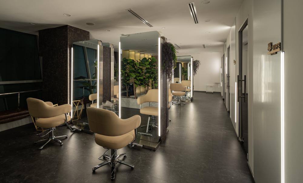 Modern Workstation with Mirror and Armchairs