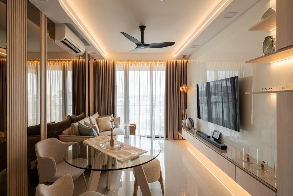 Scandinavian Living Room with Homogeneous Tiles and Sofa