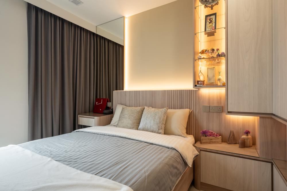 Scandinavian Bedroom with Homogeneous Tiles and Wood Flooring