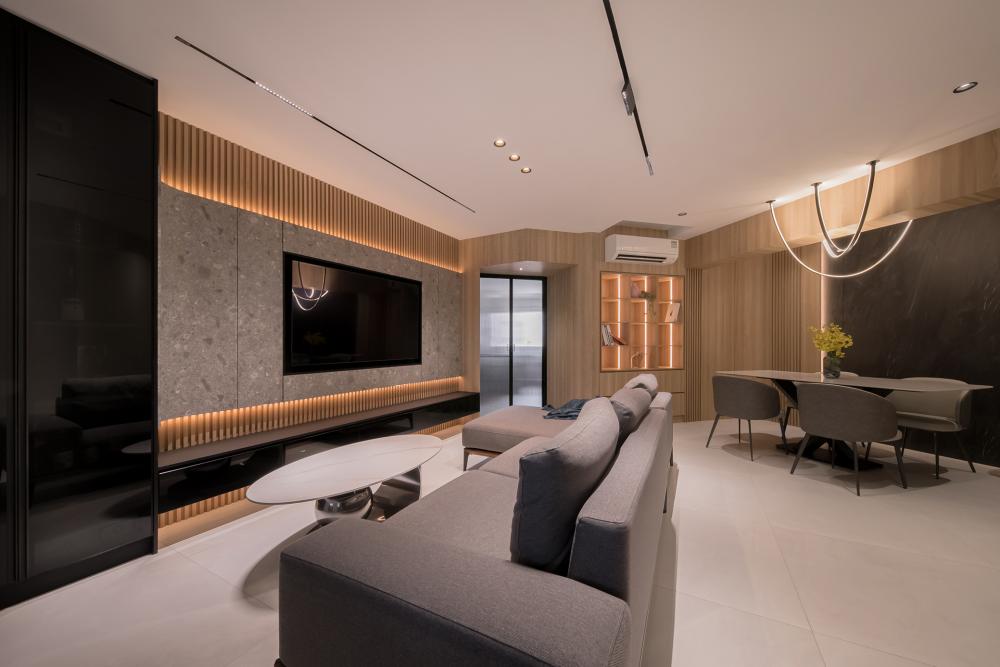 Contemporary Living Room with Homogeneous Tiles and Ceiling Light