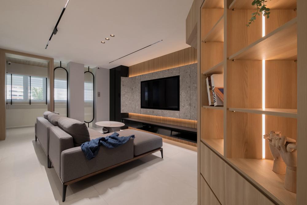 Contemporary Living Room with Homogeneous Tiles and TV Console