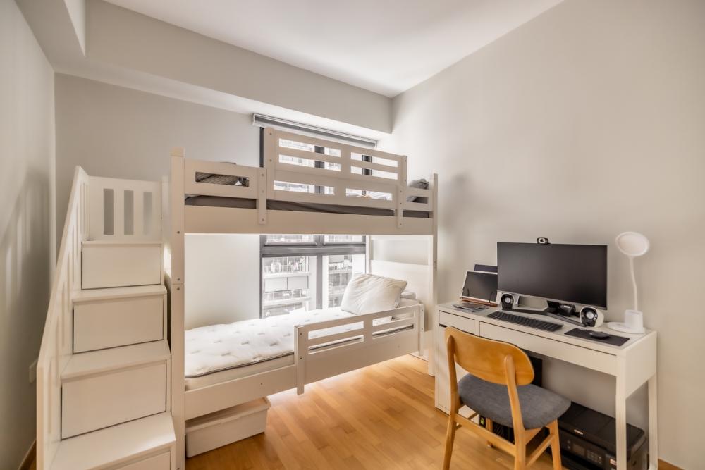 Minimalist Bedroom with Platform Bed and Parquet Floor