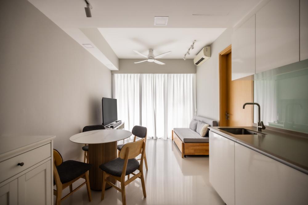 Minimalist Living Room with Homogeneous Tiles and TV Console