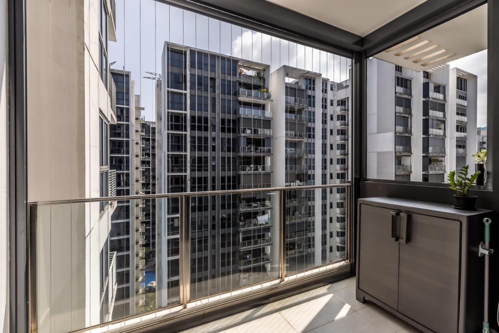 Minimalist Balcony with Window Shutters and Curtain