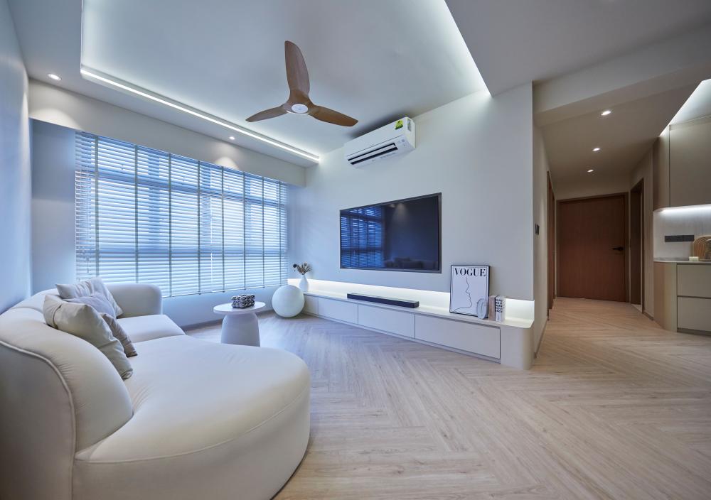 Minimalist Living Room with Vinyl Flooring and Herringbone Tiling