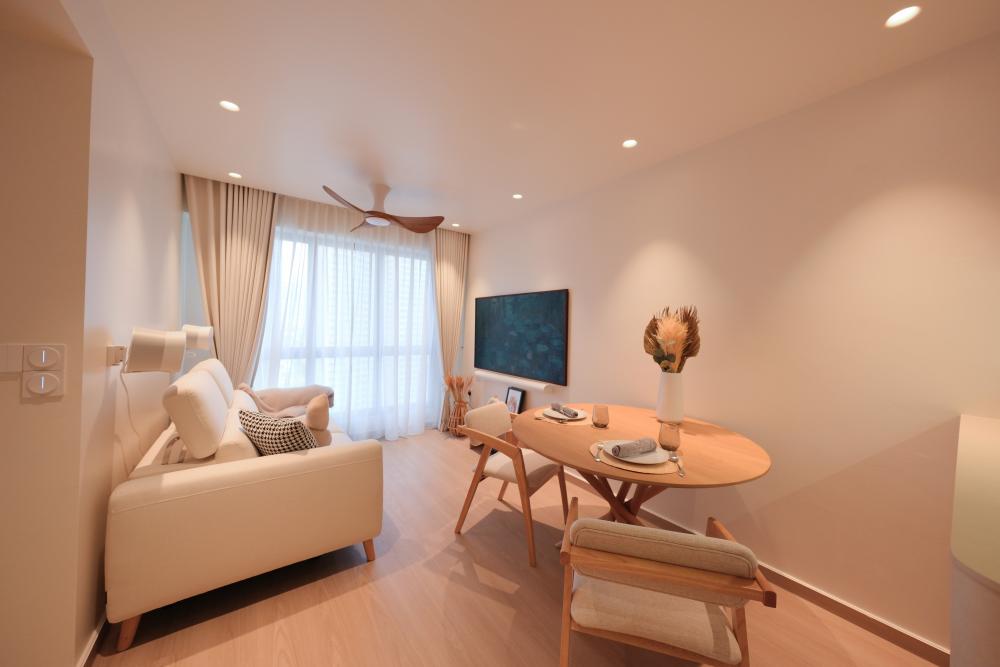 Minimalist Living Room with TV Console and Chandelier