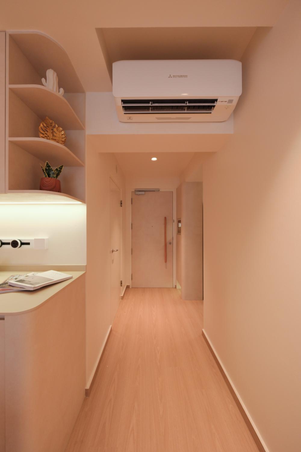 Minimalist Hallway with Bookshelf and Artwork