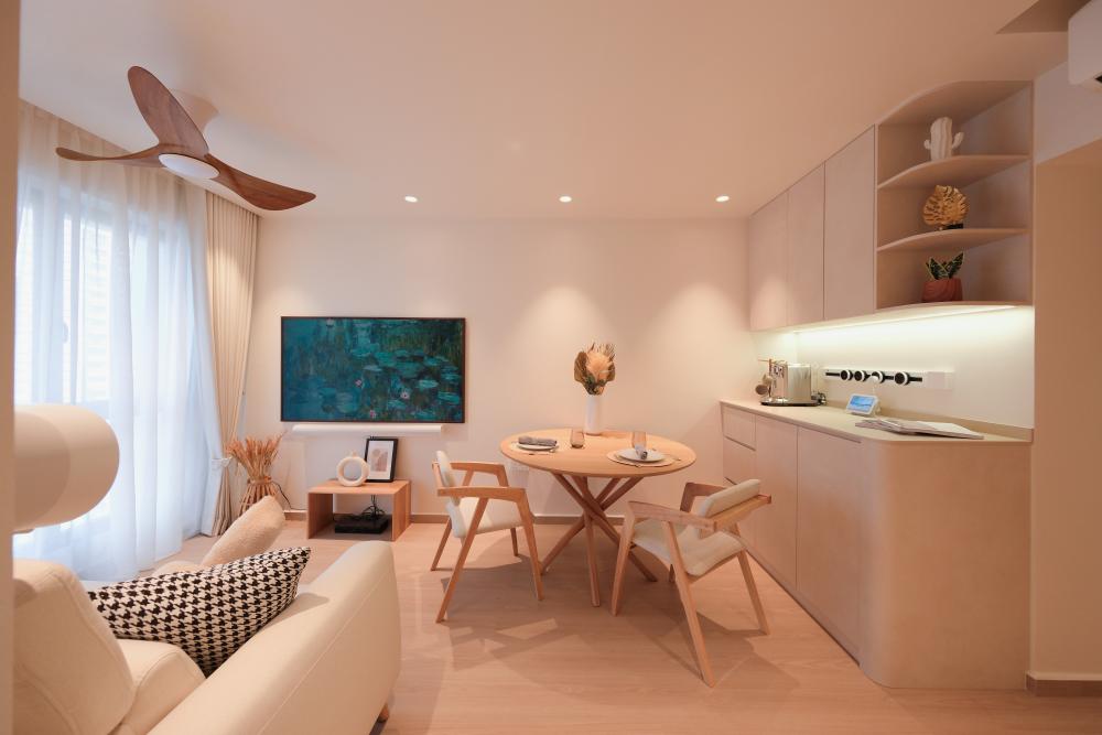 Minimalist Living Room with Drop Ceiling and Chandelier