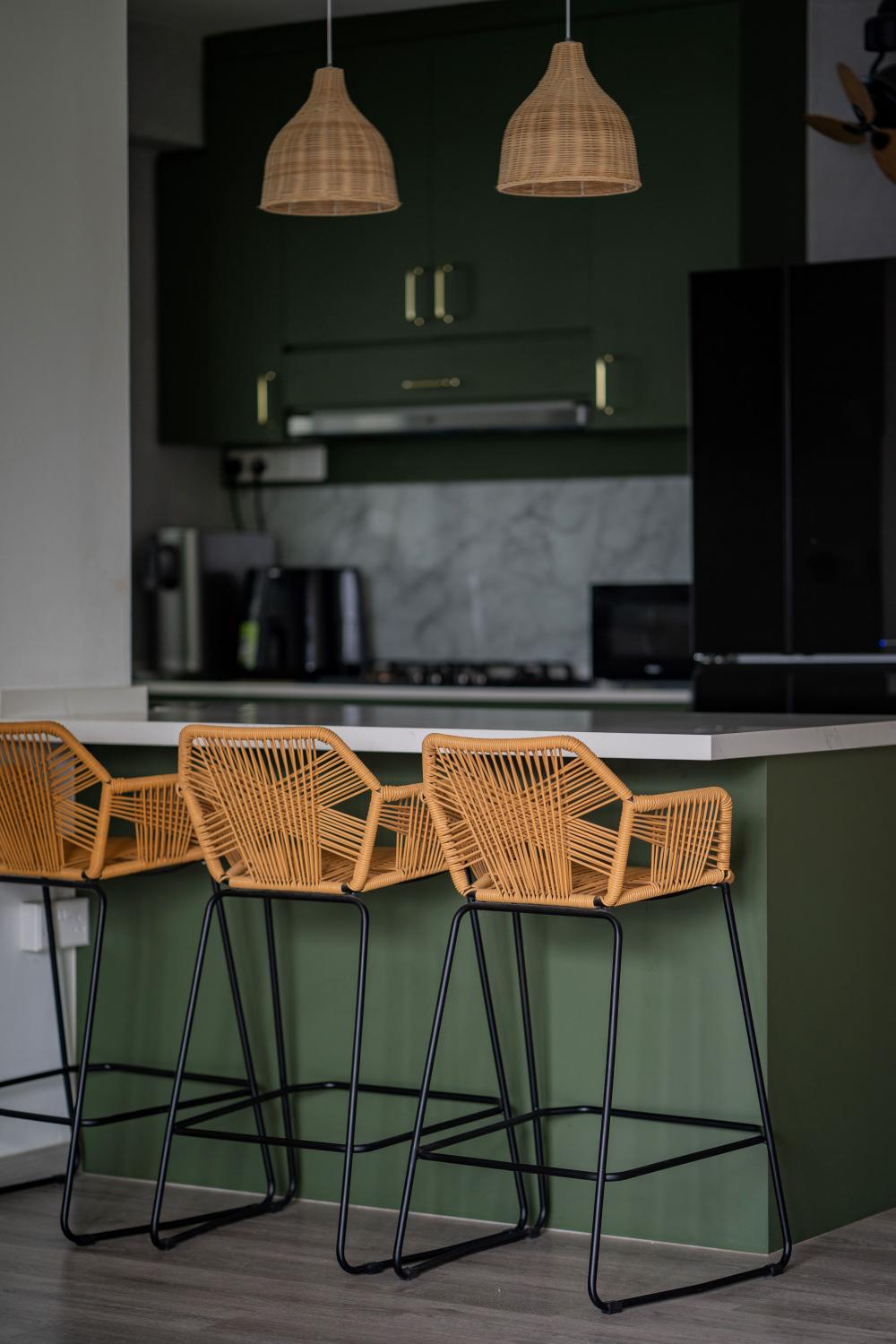 Modern Dining Room with Kitchen Island and Rattan Furniture