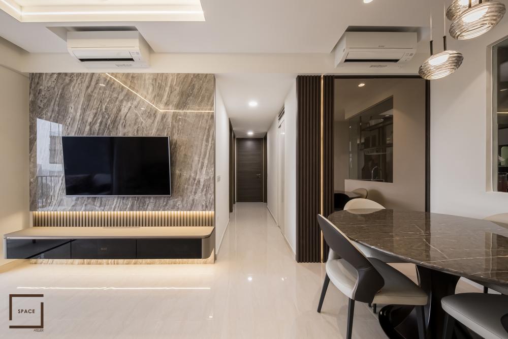 Modern Living Room with Homogeneous Tiles and TV Console