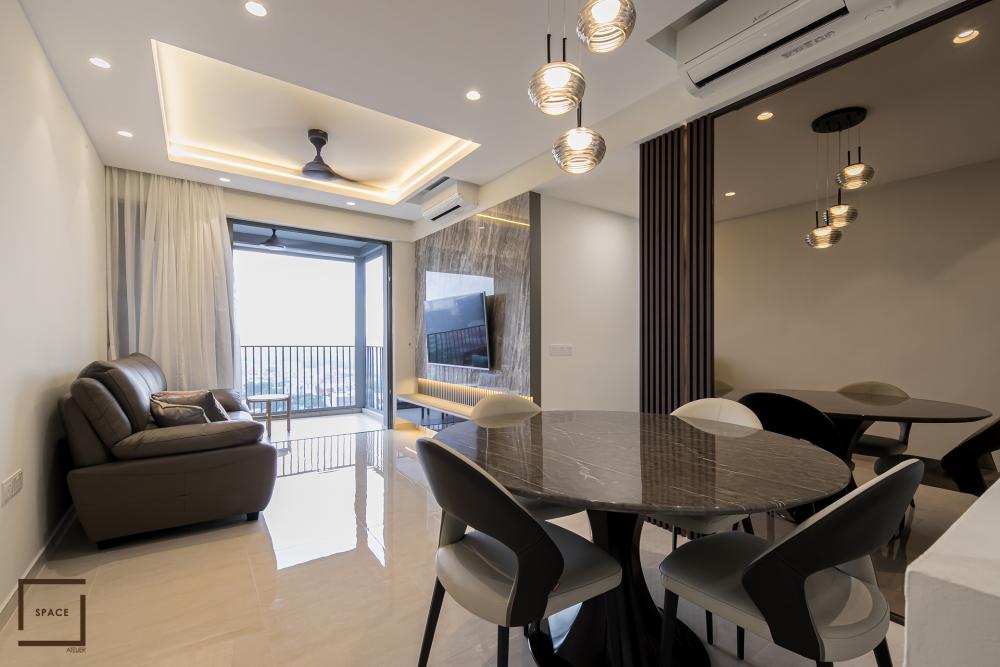 Modern Living Room with Homogeneous Tiles and TV Console