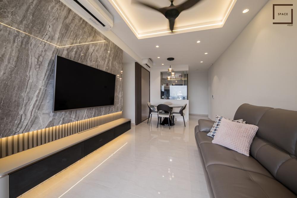 Modern Living Room with Homogeneous Tiles and TV Console