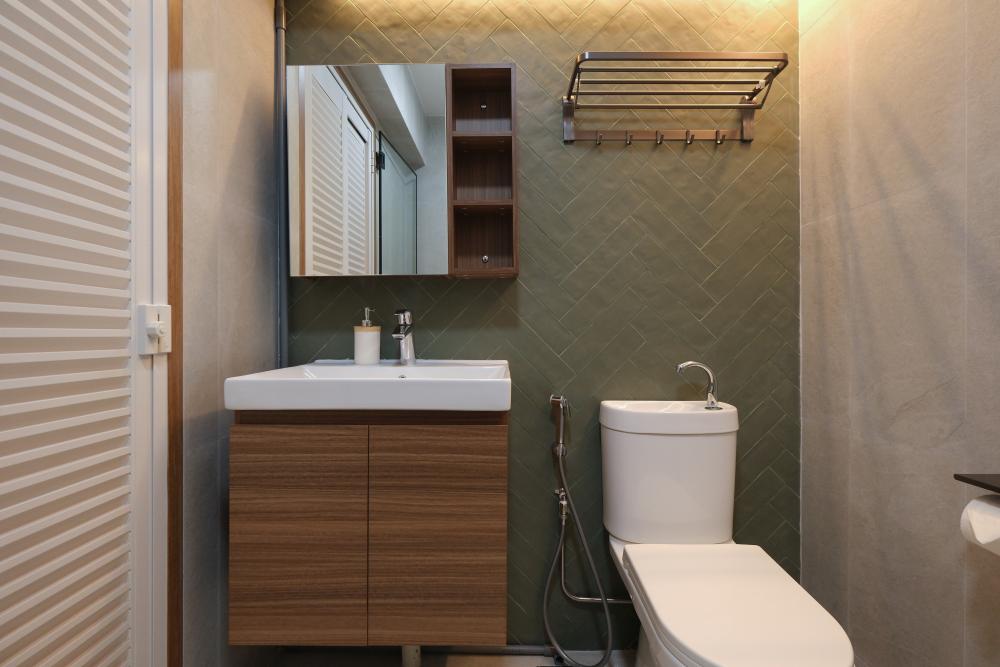 Scandinavian Bathroom with Cement Floor and Mirror
