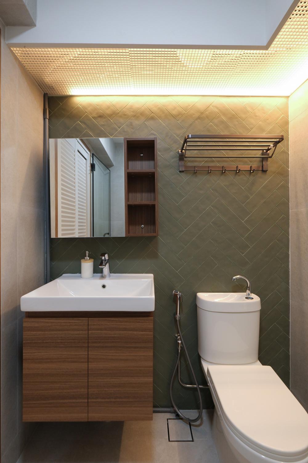 Scandinavian Bathroom with Granite Floor and Wood Flooring