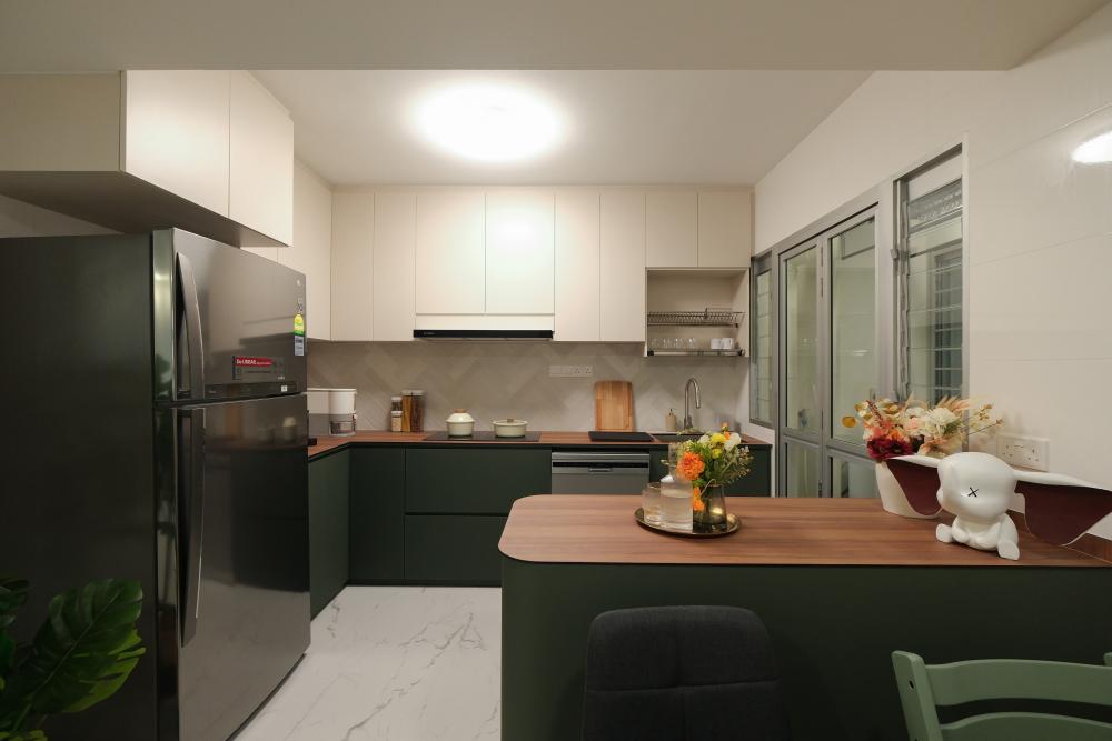Scandinavian Kitchen with Granite Floor and Wood Flooring