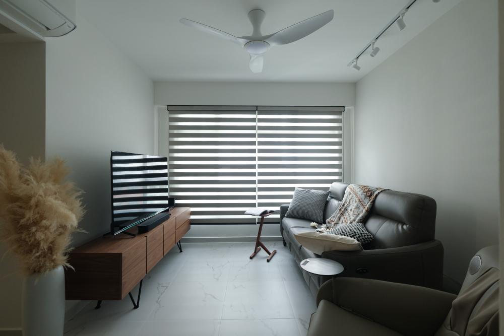 Scandinavian Living Room with TV Console and Feature Wall