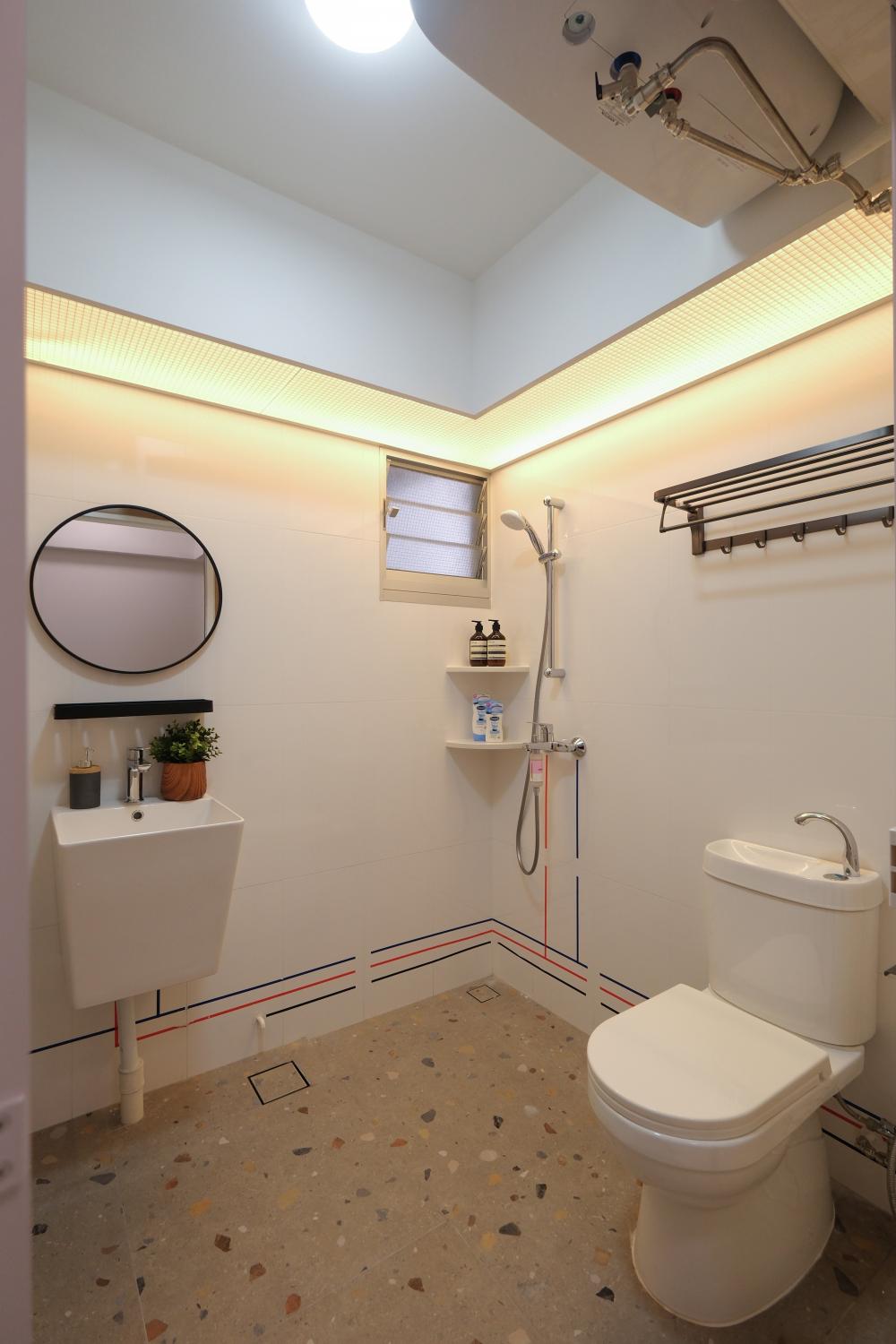Scandinavian Bathroom with Wood Flooring and Mirror