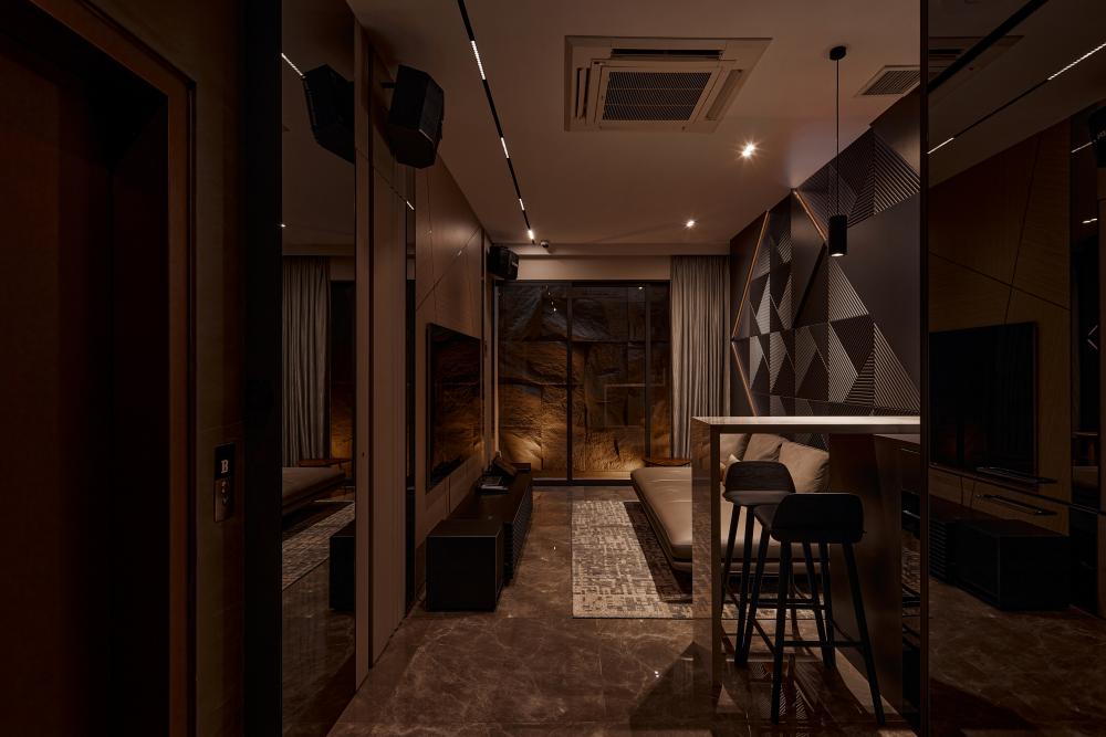 Asian Basement with TV Console and Carpet