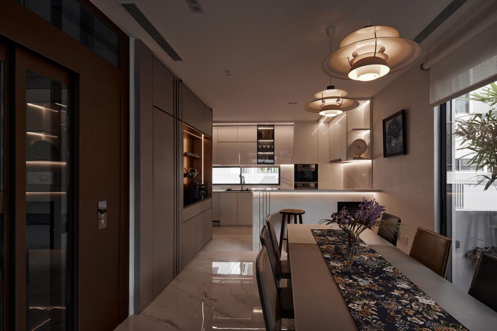 Asian Dining Room with Drop Light and Ceiling Light