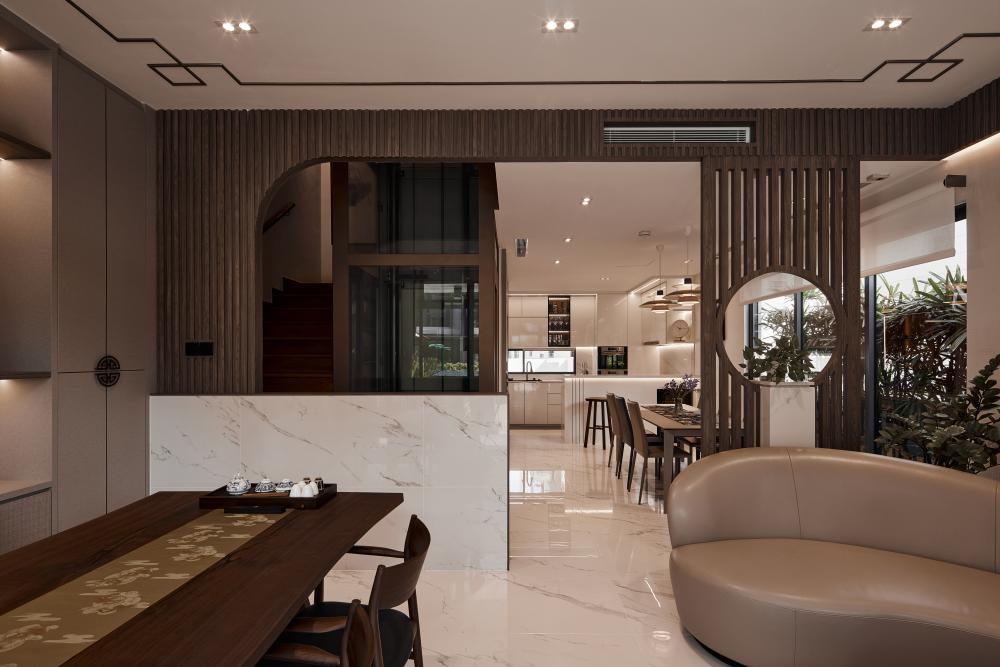 Asian Living Room with Marble Floor and Sofa