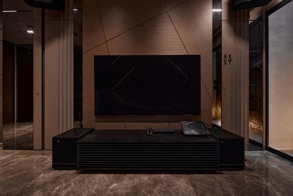 Asian Basement with TV Console and TV