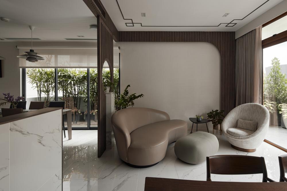 Asian Living Room with Marble Floor and Sofa