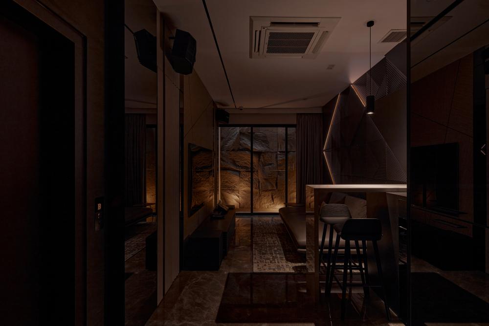 Asian Basement with TV Console and Sofa
