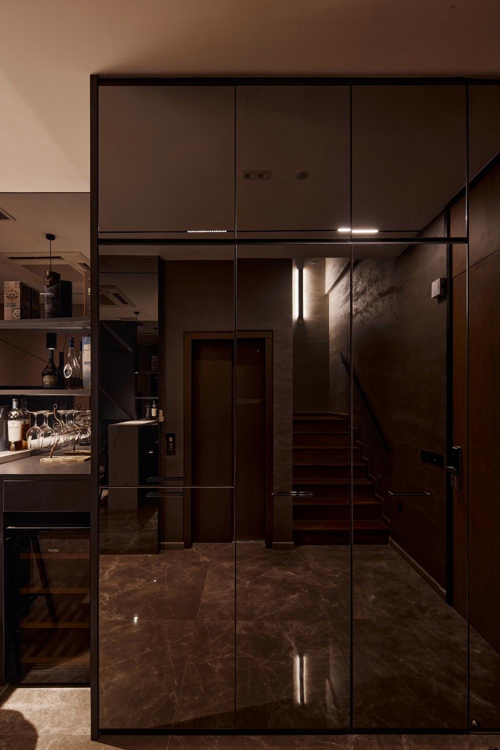 Asian Basement with Drinkware and Storage Cabinets
