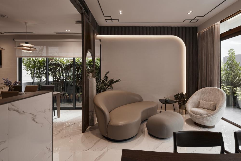 Asian Living Room with Marble Floor and Feature Wall
