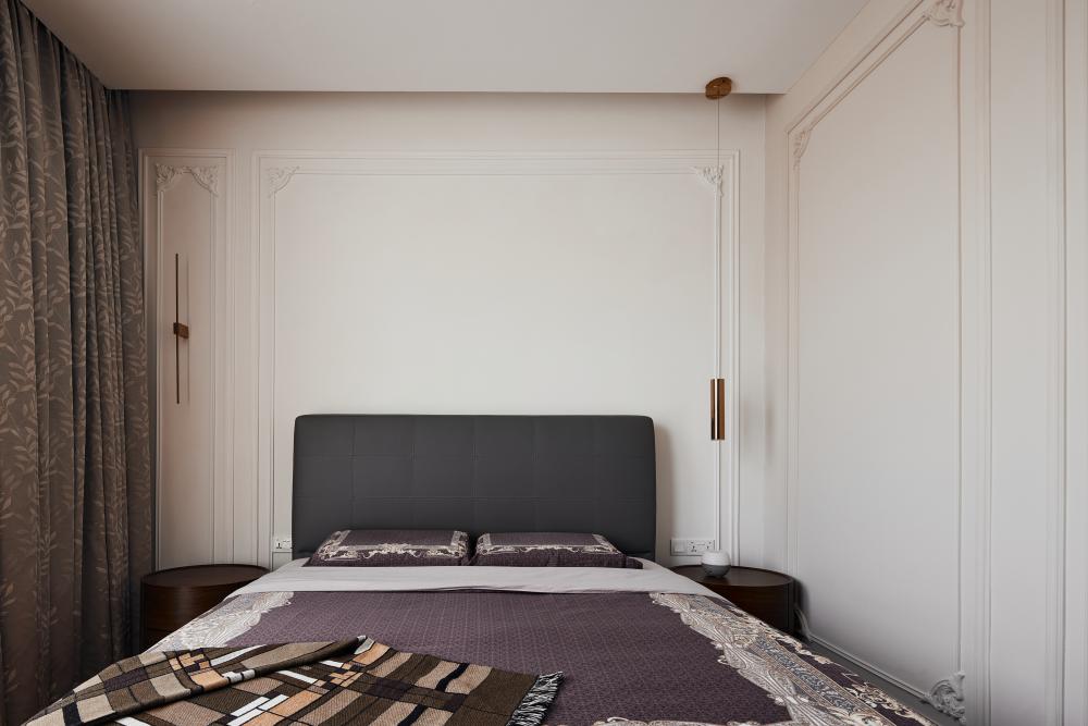 Asian Bedroom with Ceiling Light and Queen Bed