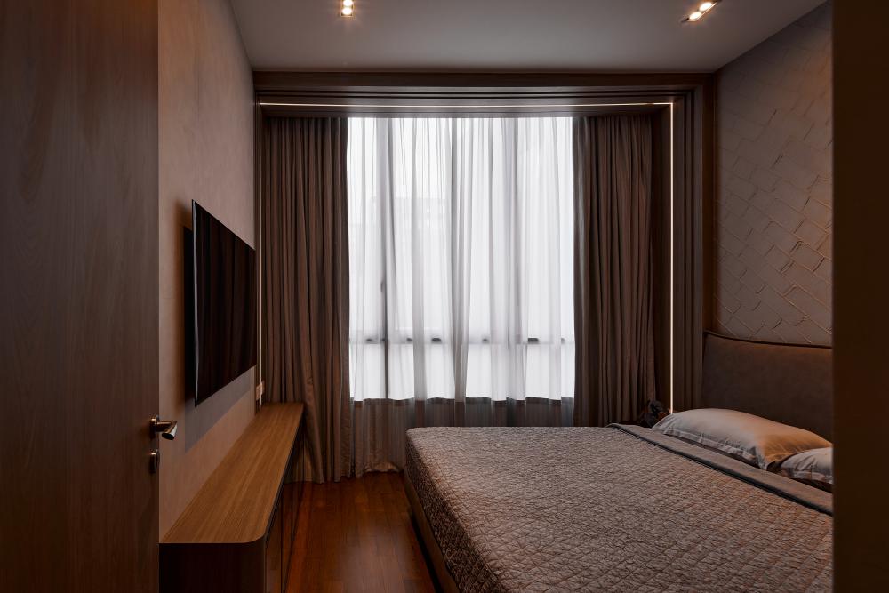 Asian Bedroom with Wood Flooring and Queen Bed