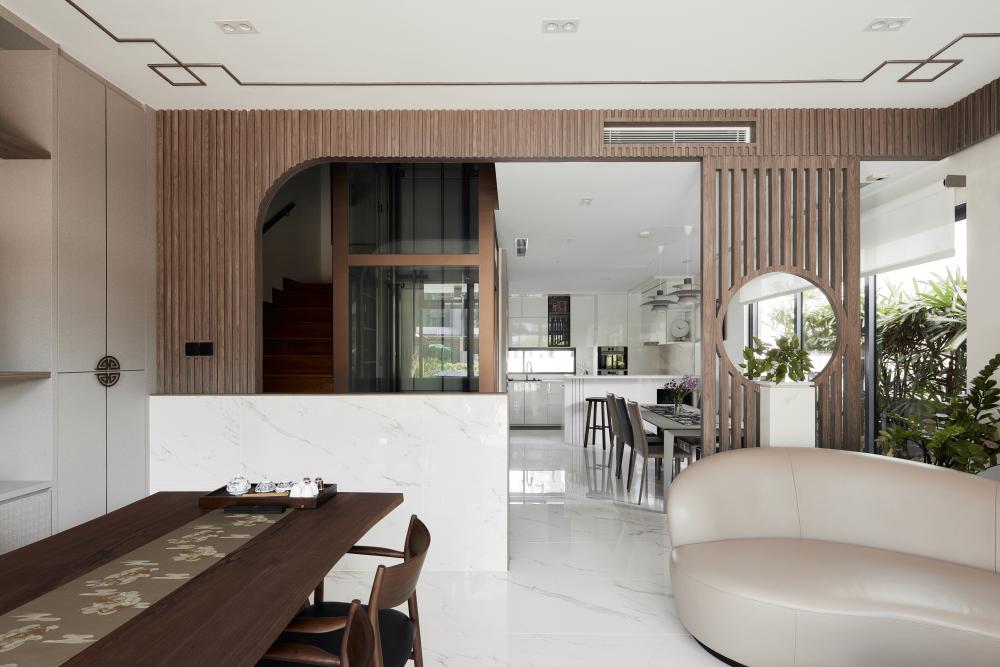 Asian Living Room with Marble Floor and Sofa