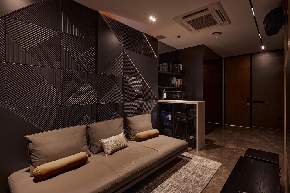 Asian Basement with Ceiling Light and Carpet