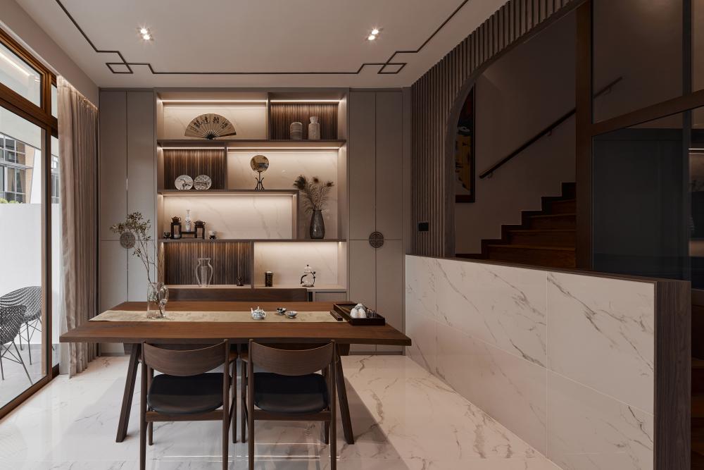 Asian Living Room with Marble Floor and Coffee Table