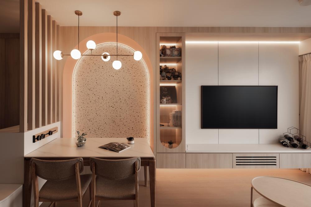 Scandinavian Living Room with Wood Flooring and TV Console