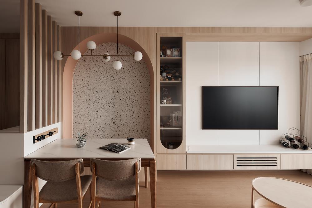 Scandinavian Living Room with Wood Flooring and TV Console