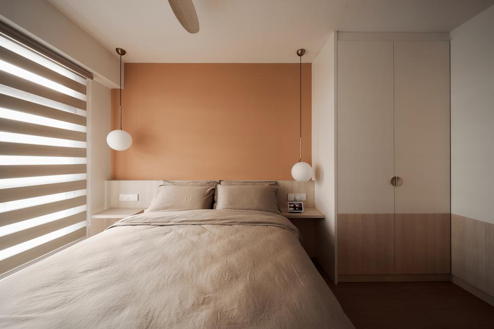 Scandinavian Bedroom with Wood Flooring and Ceiling Light