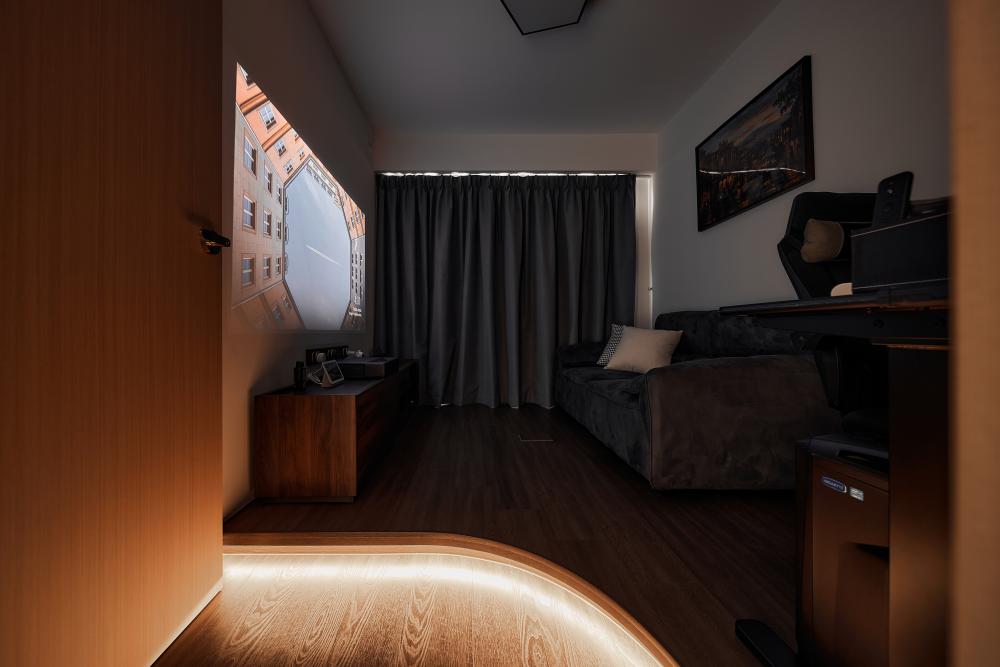 Scandinavian Gaming Room with Sofa and Projector