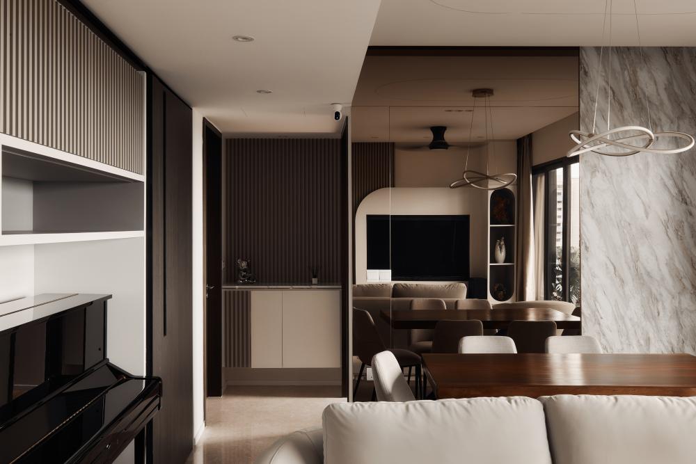 Modern Living Room with TV Console and Drop Light