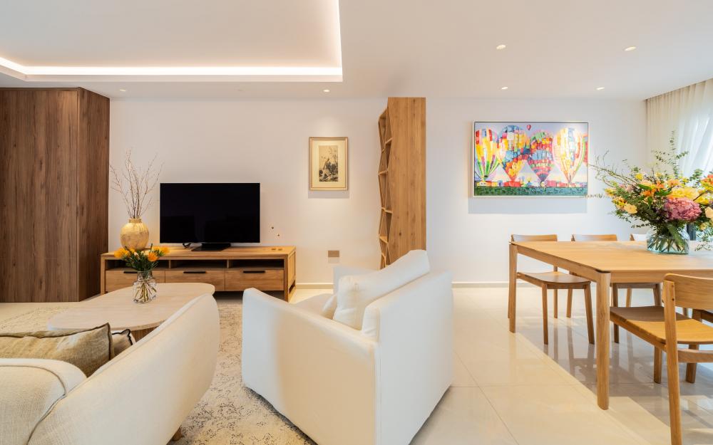 Contemporary Living Room with TV Console and Feature Wall