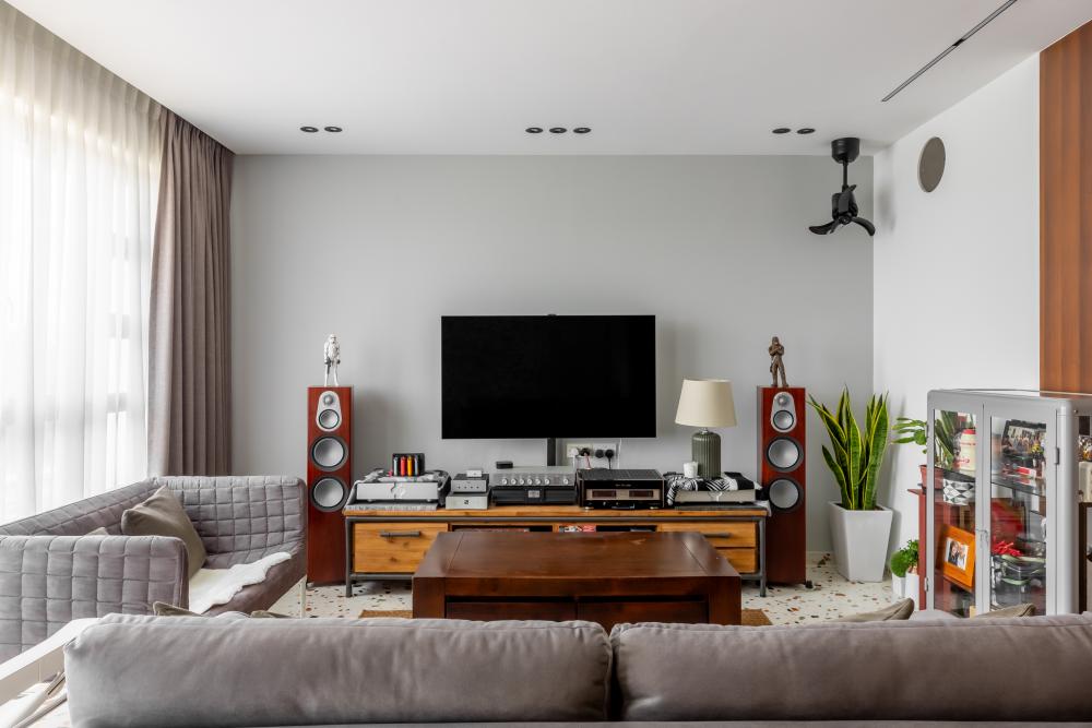Minimalist Living Room with Marble Floor and TV Console
