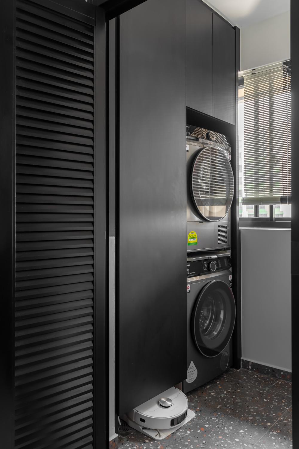 Minimalist Service Yard with Washing Machine and Laundry Area