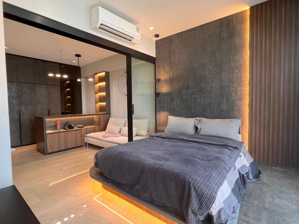 Contemporary Bedroom with Platform Bed and Parquet Floor