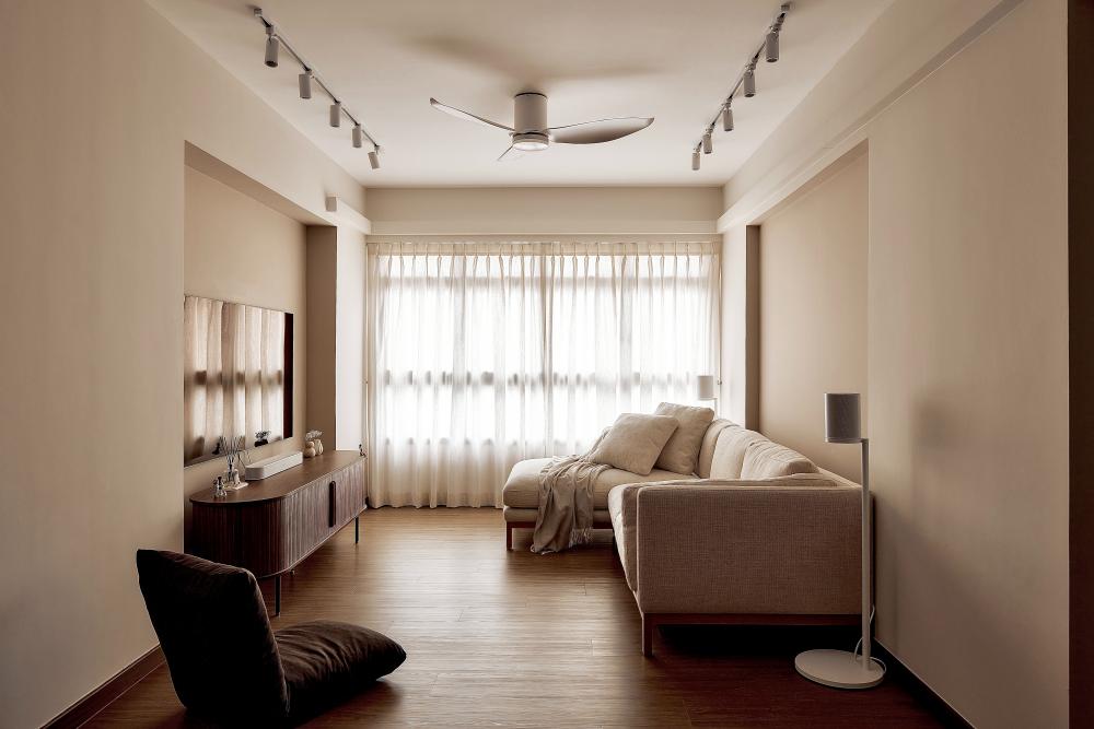 Scandinavian Living Room with Wood Flooring and TV Console